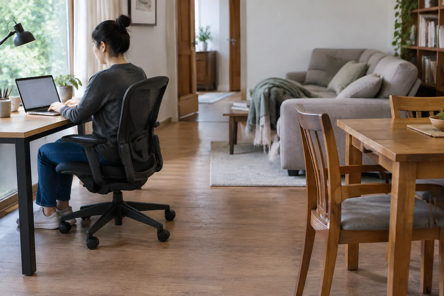 Seseorang duduk di kursi kerja beroda menggunakan laptop, dengan meja makan dan sofa di ruang yang sama.
