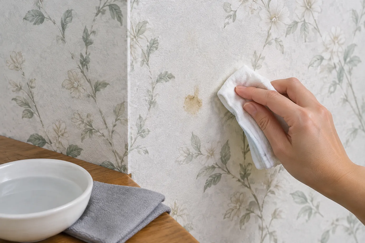 Tangan mengusap noda pada wallpaper bermotif daun