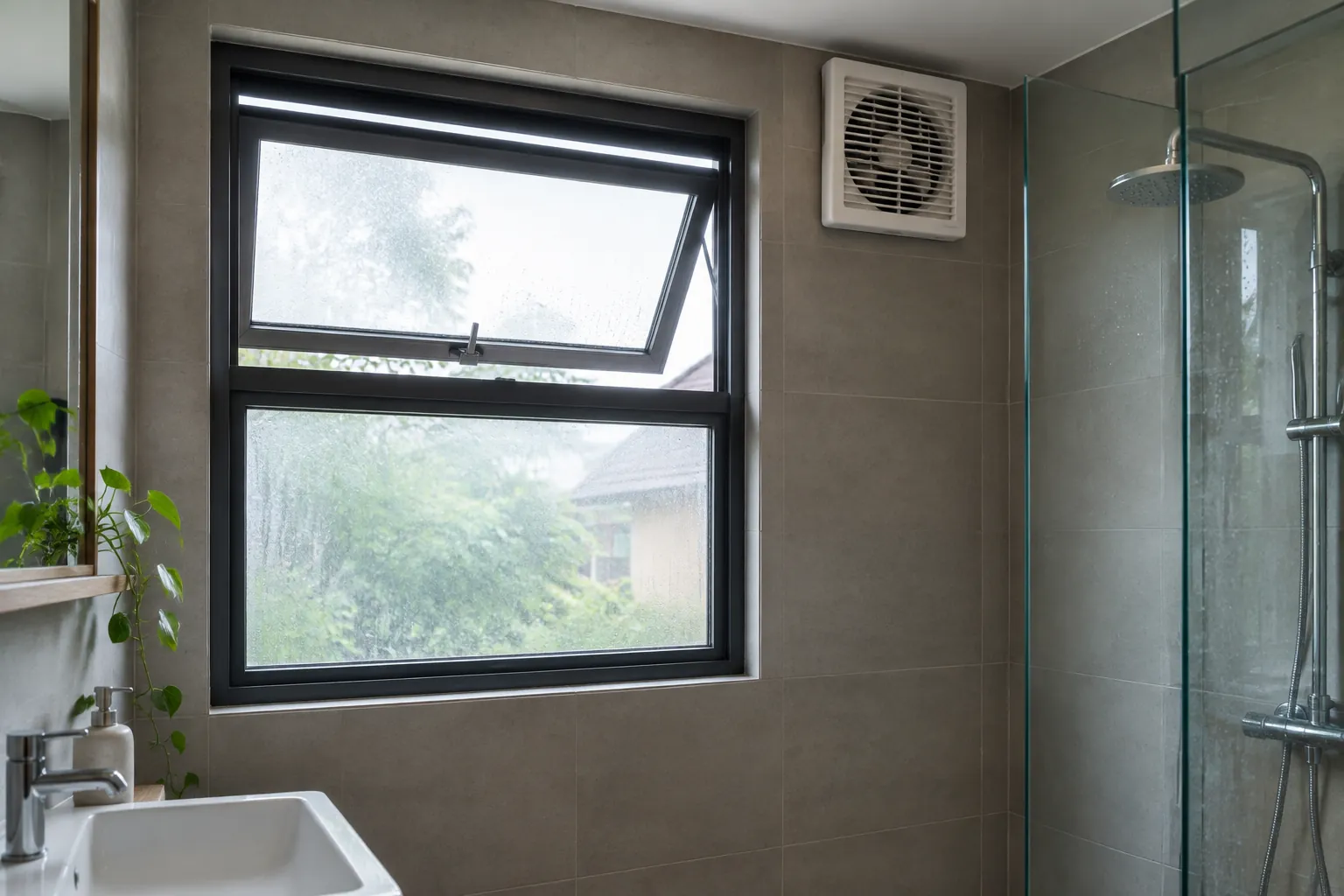 Jendela ventilasi terbuka di dinding kamar mandi