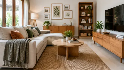 Ruang keluarga dengan sofa, rak, dan karya seni di dinding