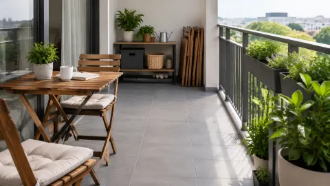 Meja lipat, kursi, dan kabinet di balkon kecil