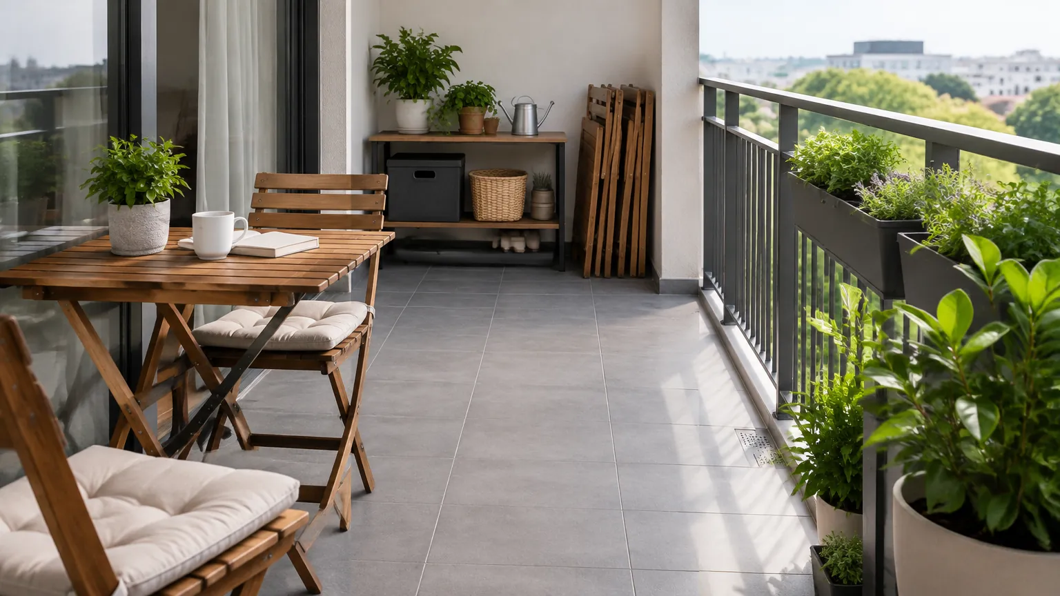 Meja lipat, kursi, dan kabinet di balkon kecil