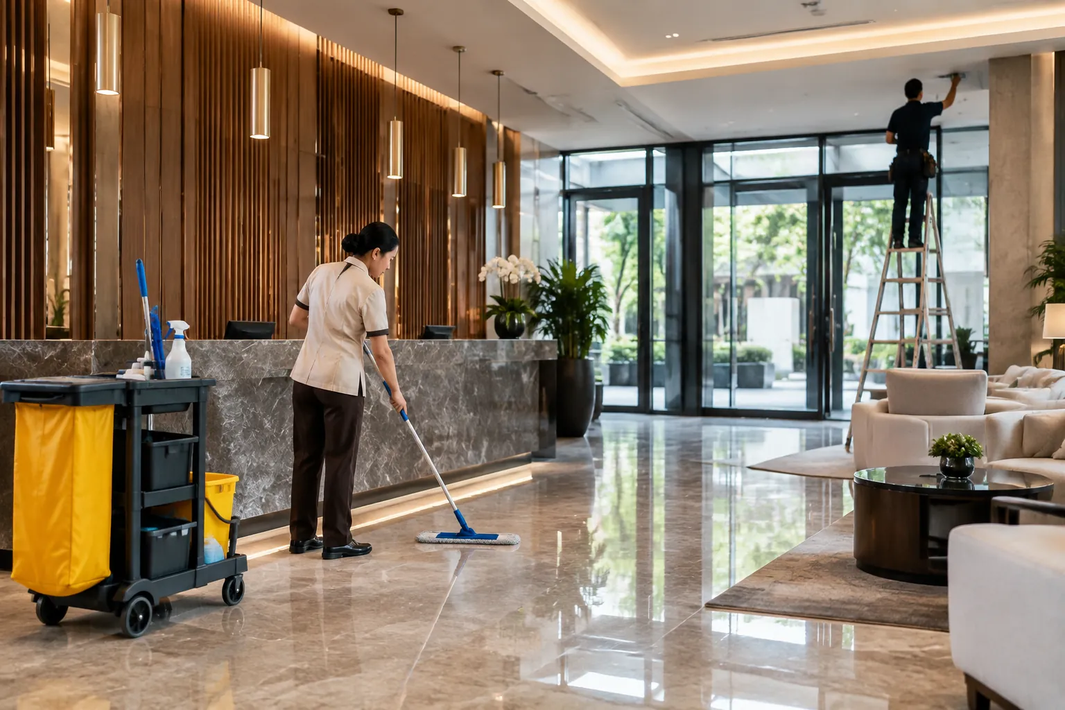 Petugas membersihkan lantai lobi sementara teknisi bekerja di plafon