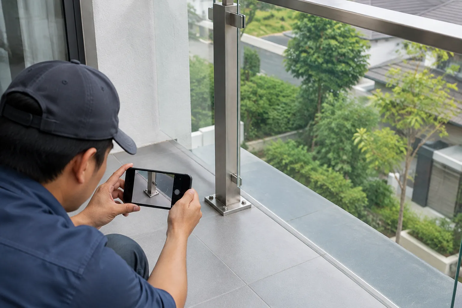 Pekerja memotret pangkal pagar balkon kaca