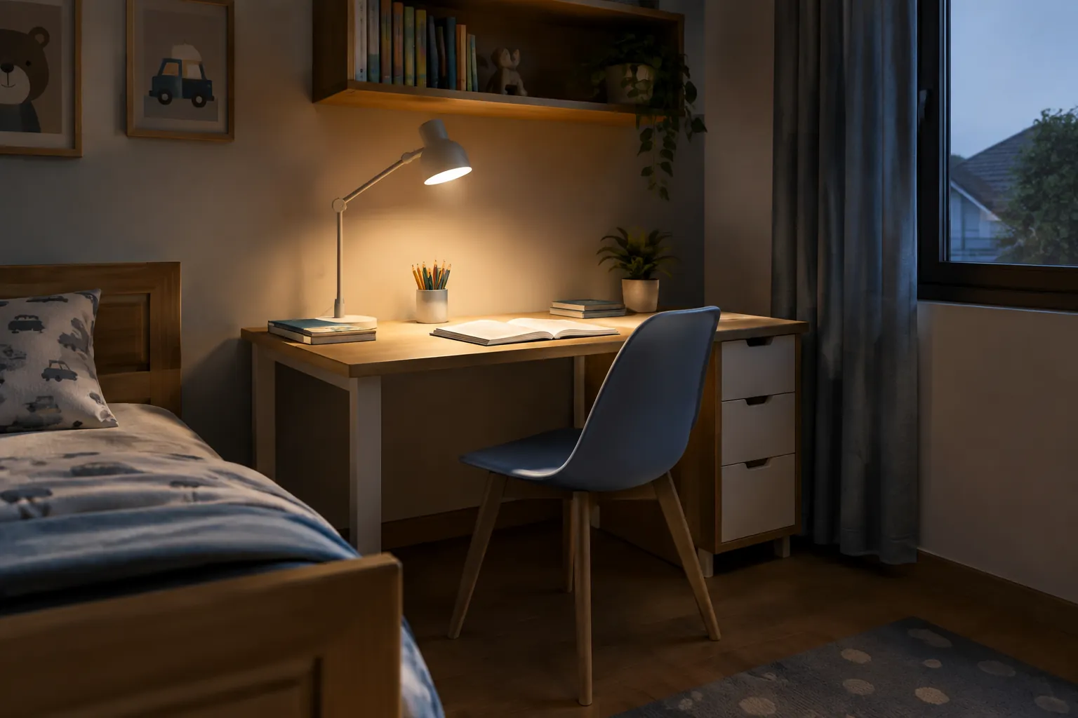 Lampu meja menyinari area belajar di kamar anak saat malam