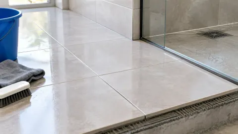 Lantai keramik dekat pintu kaca dengan perlengkapan pembersih