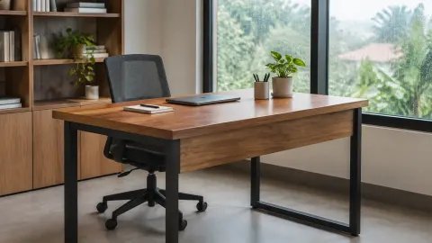 Meja kayu dan kursi kerja di dekat jendela