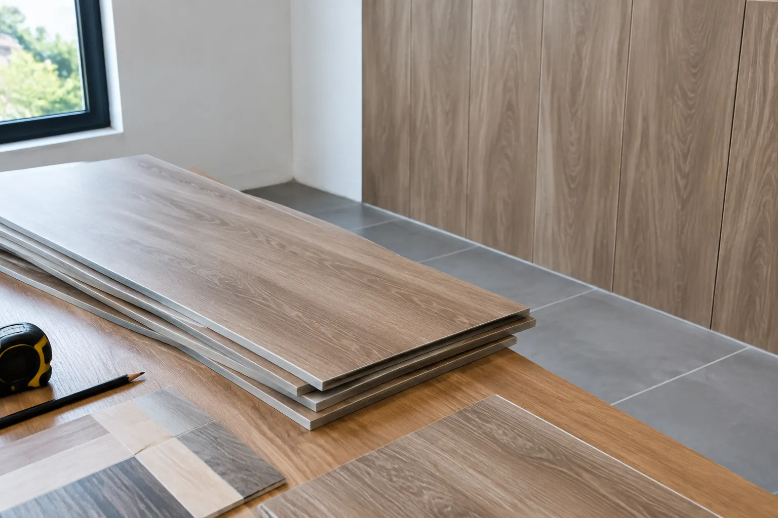 Panel pelapis kayu dengan alat ukur di depan dinding