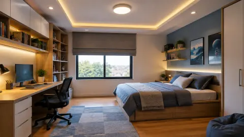 Kamar remaja dengan lampu plafon tersembunyi dan meja belajar