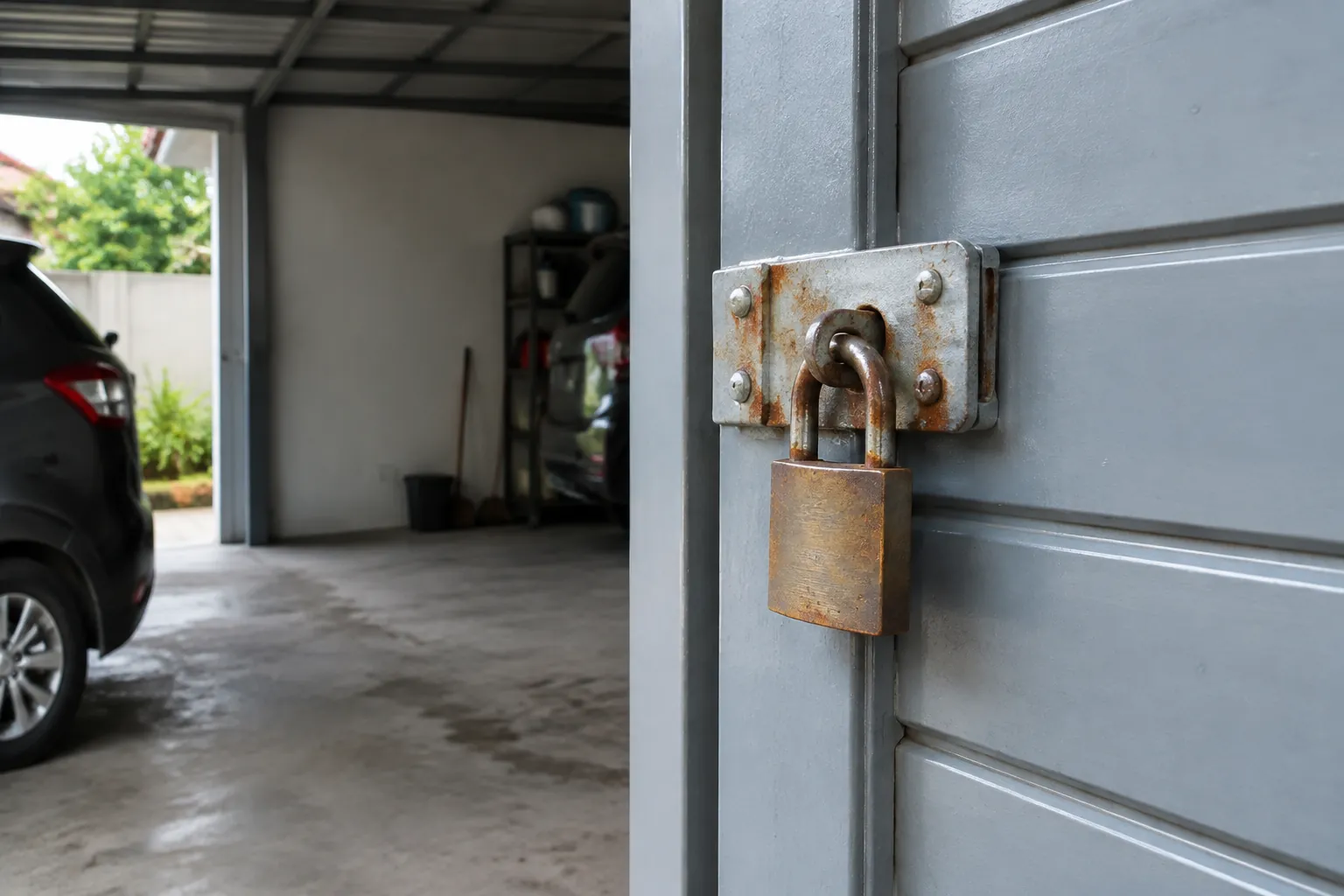 Gembok berkarat pada pintu logam garasi