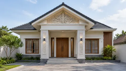 Fasad rumah simetris dengan ornamen pada puncak dan pintu masuk