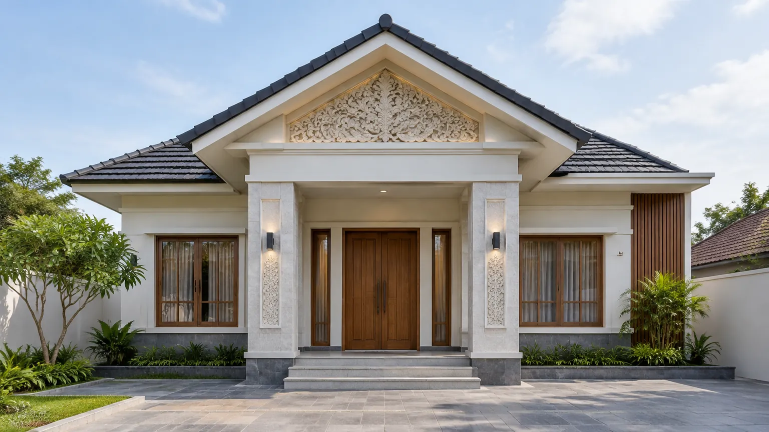 Fasad rumah simetris dengan ornamen pada puncak dan pintu masuk
