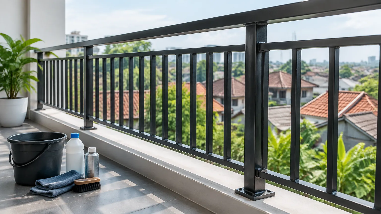 Railing logam balkon dengan peralatan pembersih di dekatnya