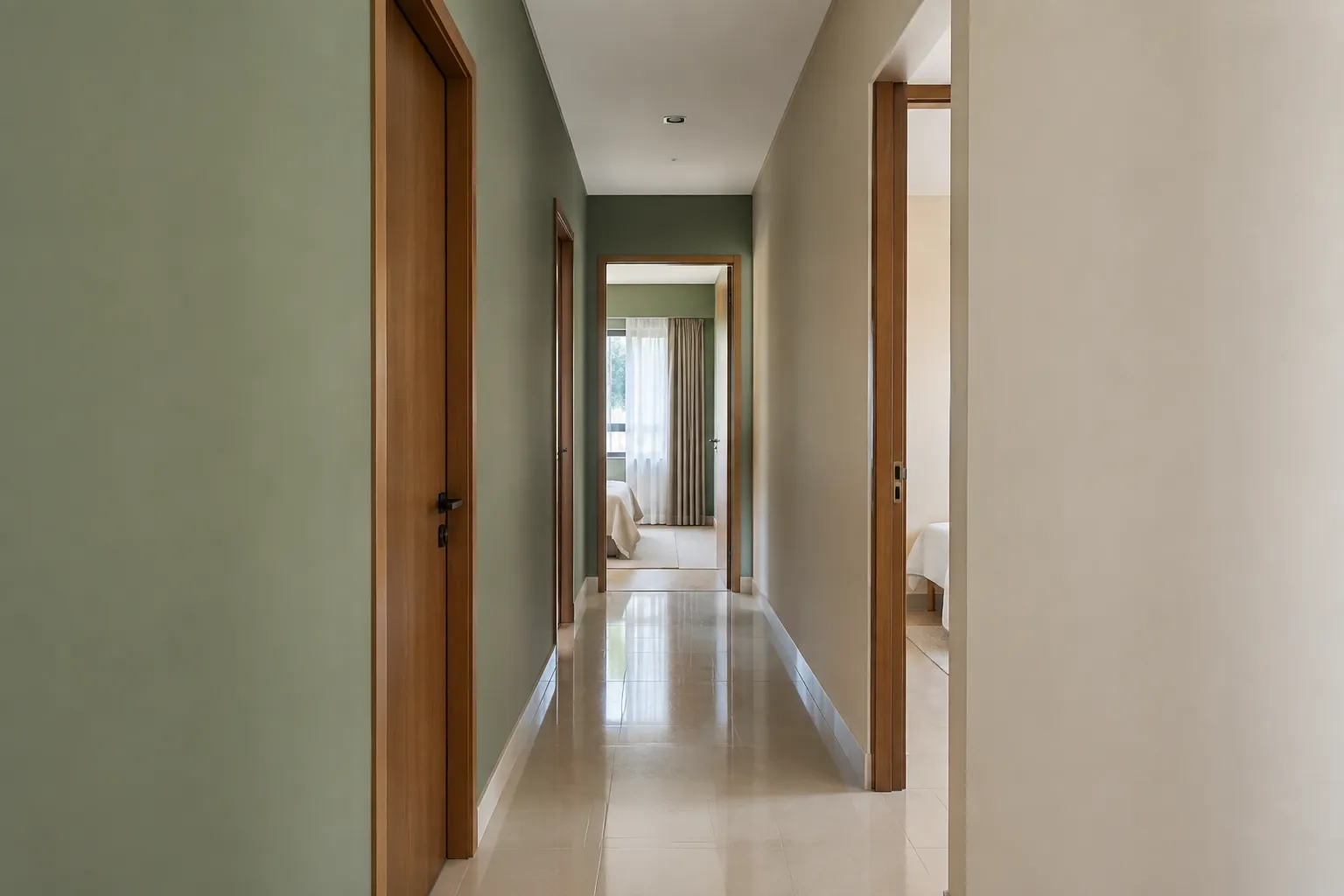 Lorong rumah panjang dengan cahaya dari ujung dan beberapa pintu samping
