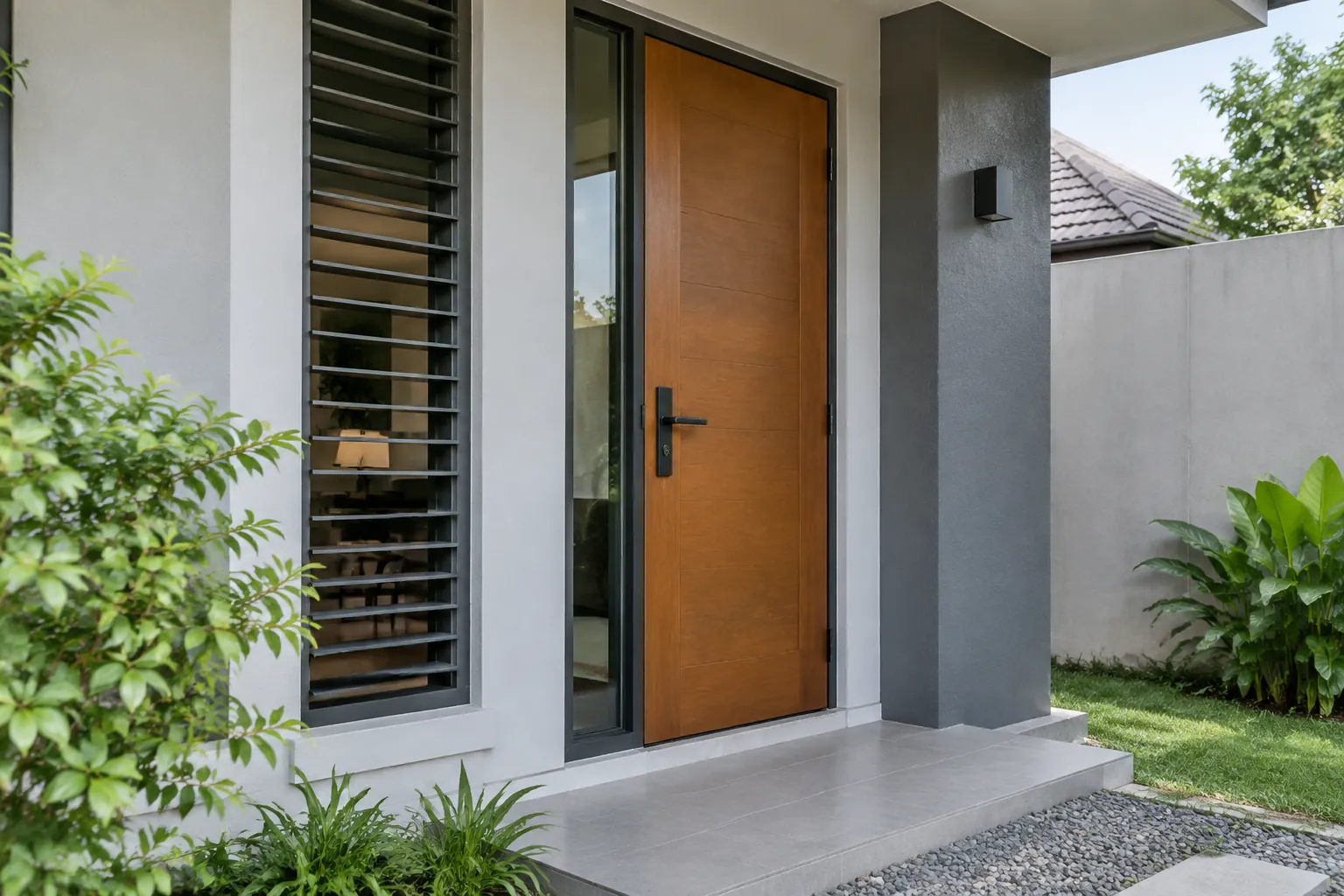 Jalur menuju pintu masuk rumah terlihat dari area luar
