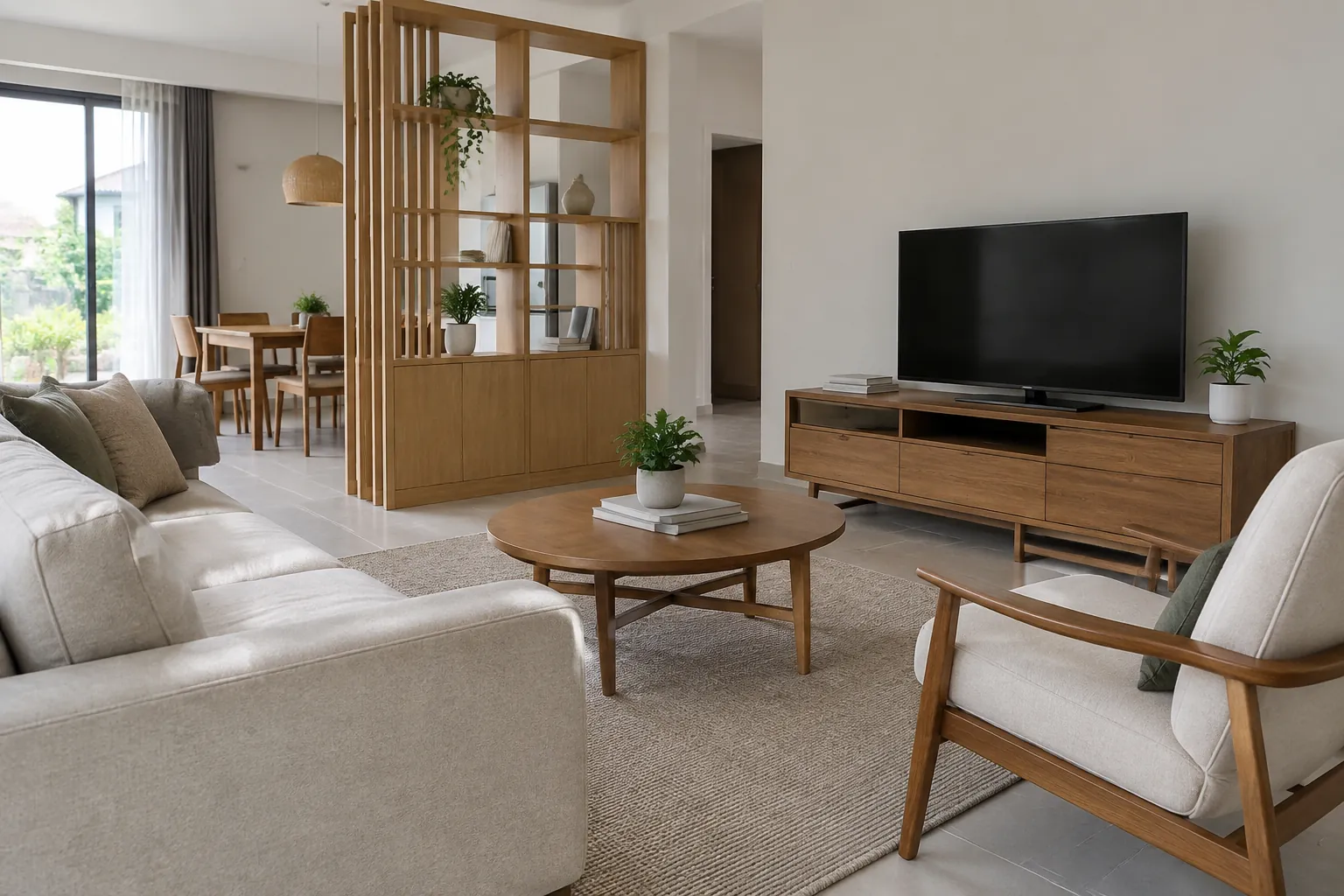 Ruang keluarga dengan rak pembatas dan susunan furnitur baru