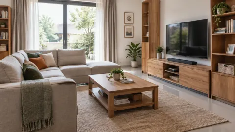 Ruang keluarga dengan sofa, meja, dan rak televisi