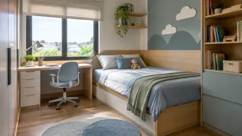 Kamar anak dengan tempat tidur dan meja belajar dekat jendela