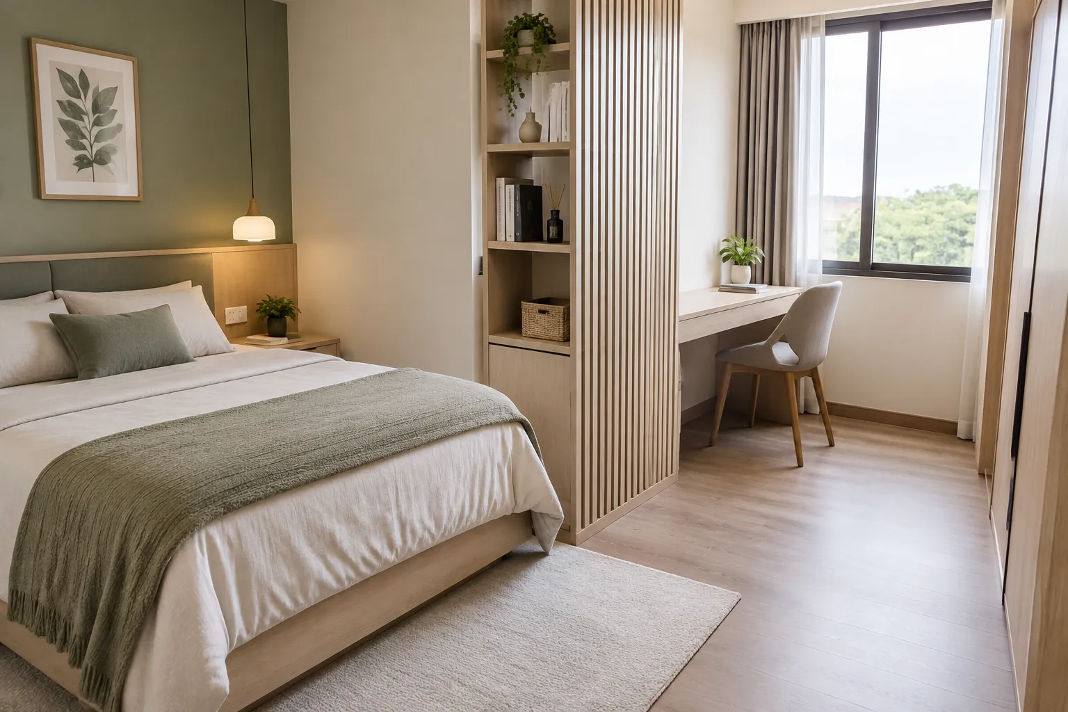 Tempat tidur dan meja kerja menempati zona berbeda di satu kamar