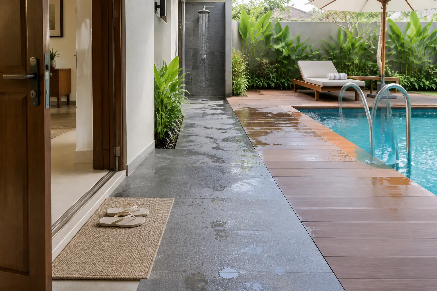 Jalur dari pintu rumah ke deck kolam terlihat basah