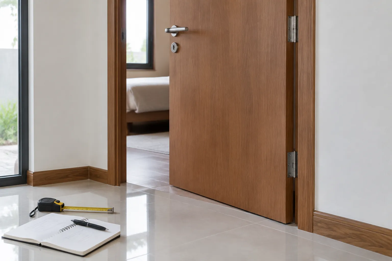 Pintu kayu terbuka dengan pita ukur di lantai dekatnya