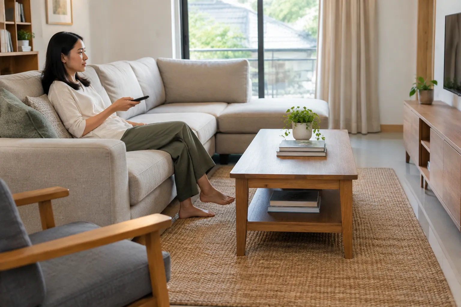 Seseorang mencoba sofa dengan meja dan kursi lain di ruang keluarga