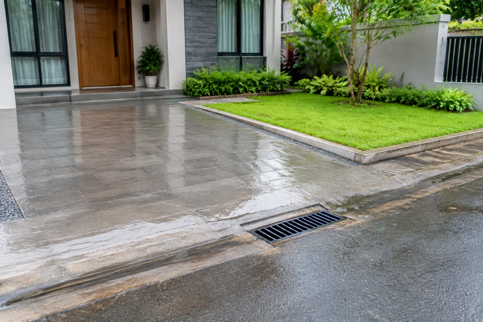 Air dari carport mengarah ke inlet di tepi paving