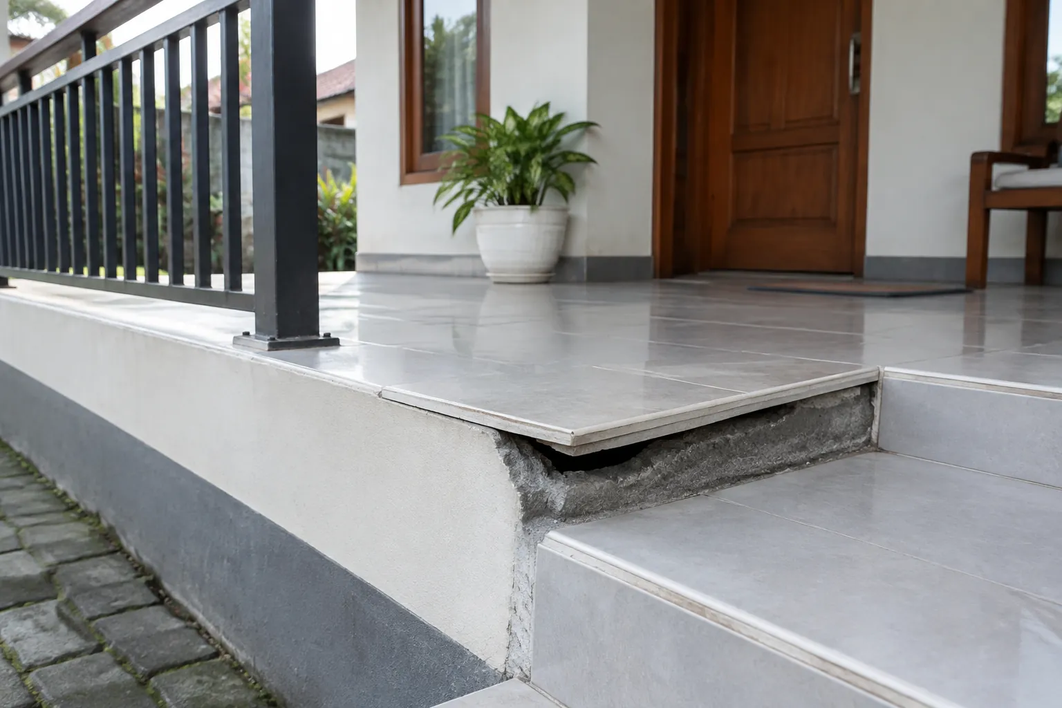 Tepi lantai teras tampak rusak dekat pintu rumah