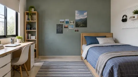 Kamar remaja dengan dinding hijau, tempat tidur, dan meja belajar