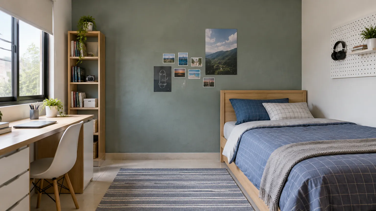 Kamar remaja dengan dinding hijau, tempat tidur, dan meja belajar