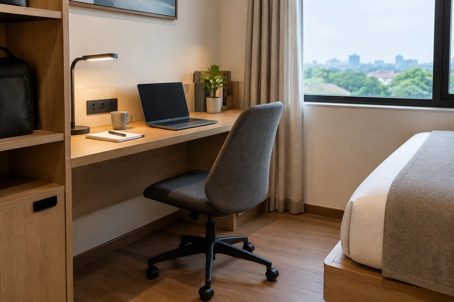 Meja kerja dan kursi putar di sudut kamar hotel