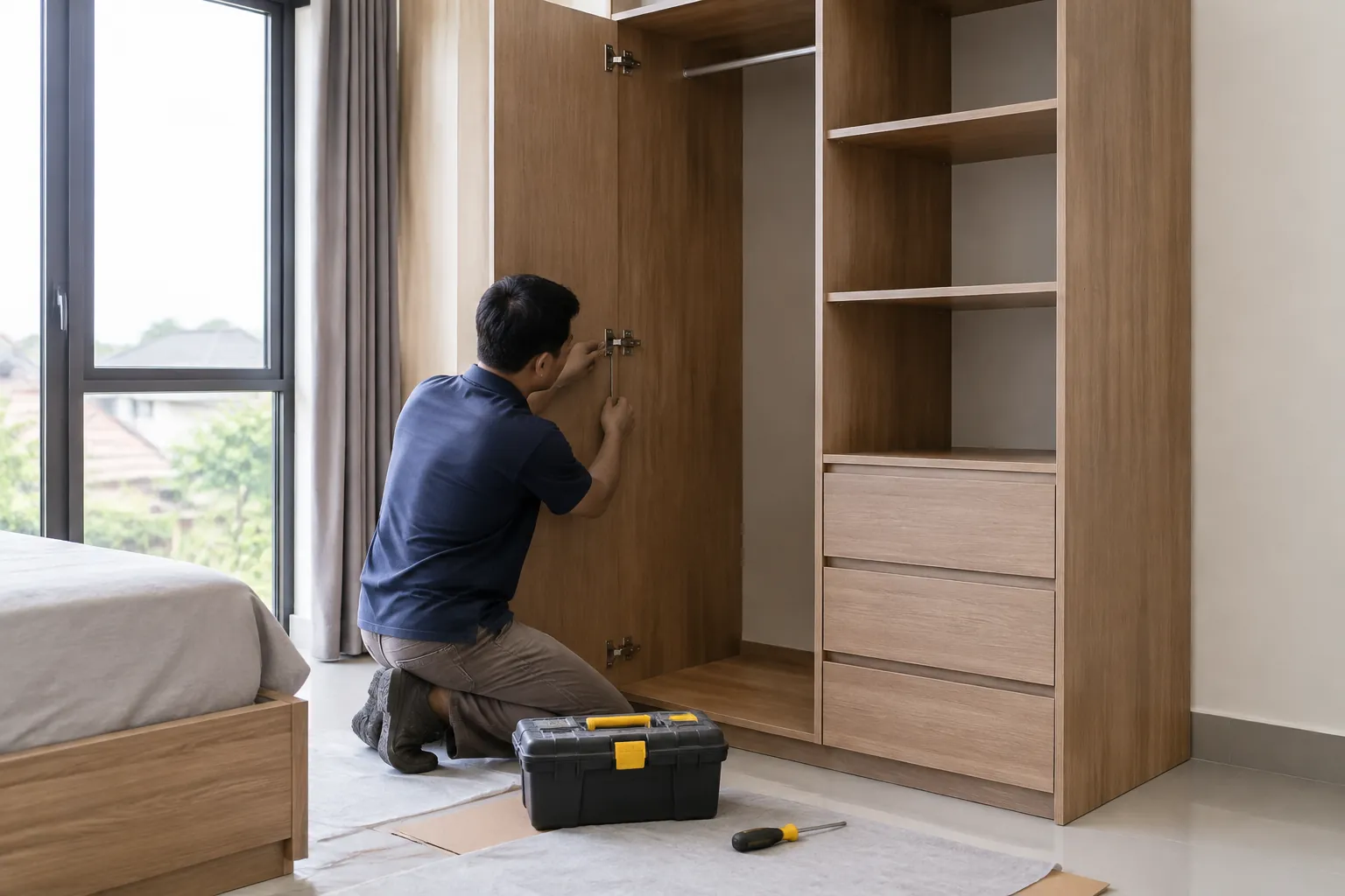 Pekerja memasang kabinet kayu built-in di kamar