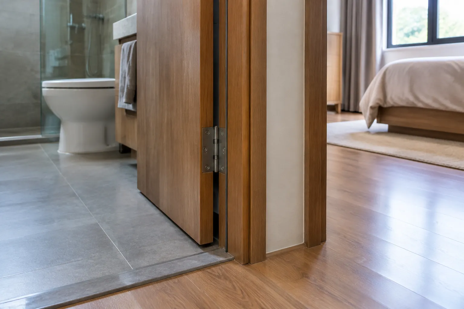 Partisi kayu membatasi kamar mandi dan kamar tidur