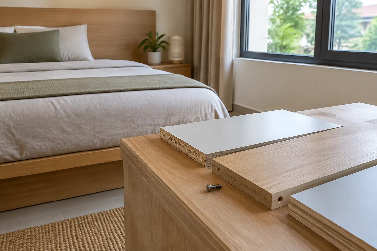 Sampel pelapis kayu di depan tempat tidur