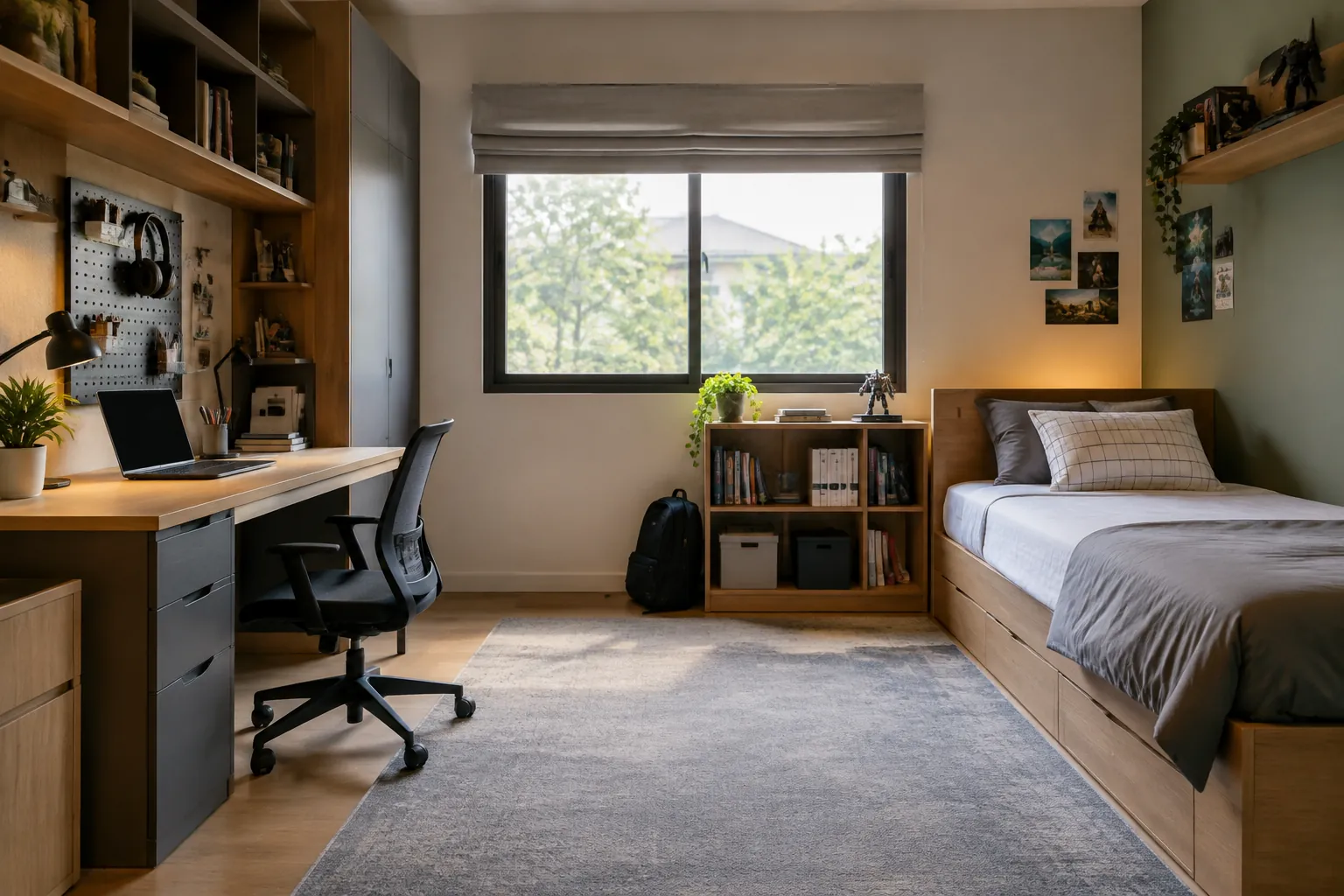 Kamar remaja memiliki area meja belajar, tempat tidur, dan rak penyimpanan