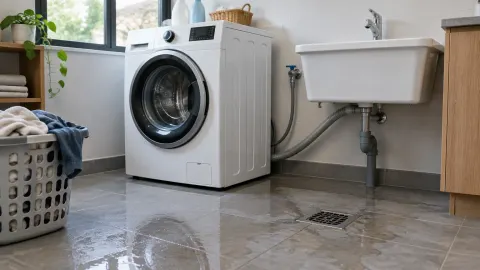 Lantai laundry basah di dekat mesin cuci dan bak