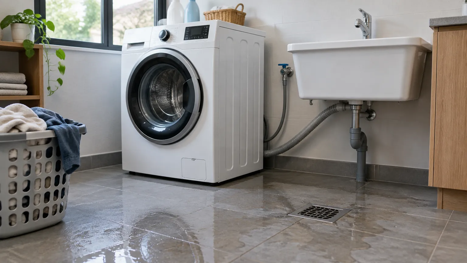 Lantai laundry basah di dekat mesin cuci dan bak