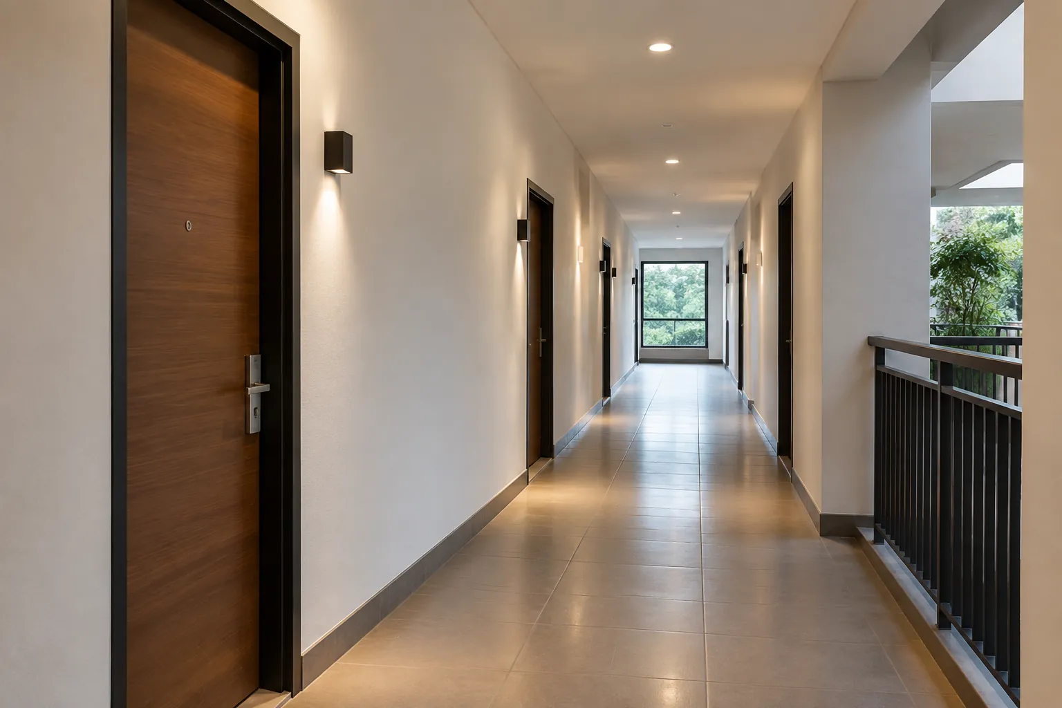 Pintu kamar dan ujung lorong terlihat di bawah lampu