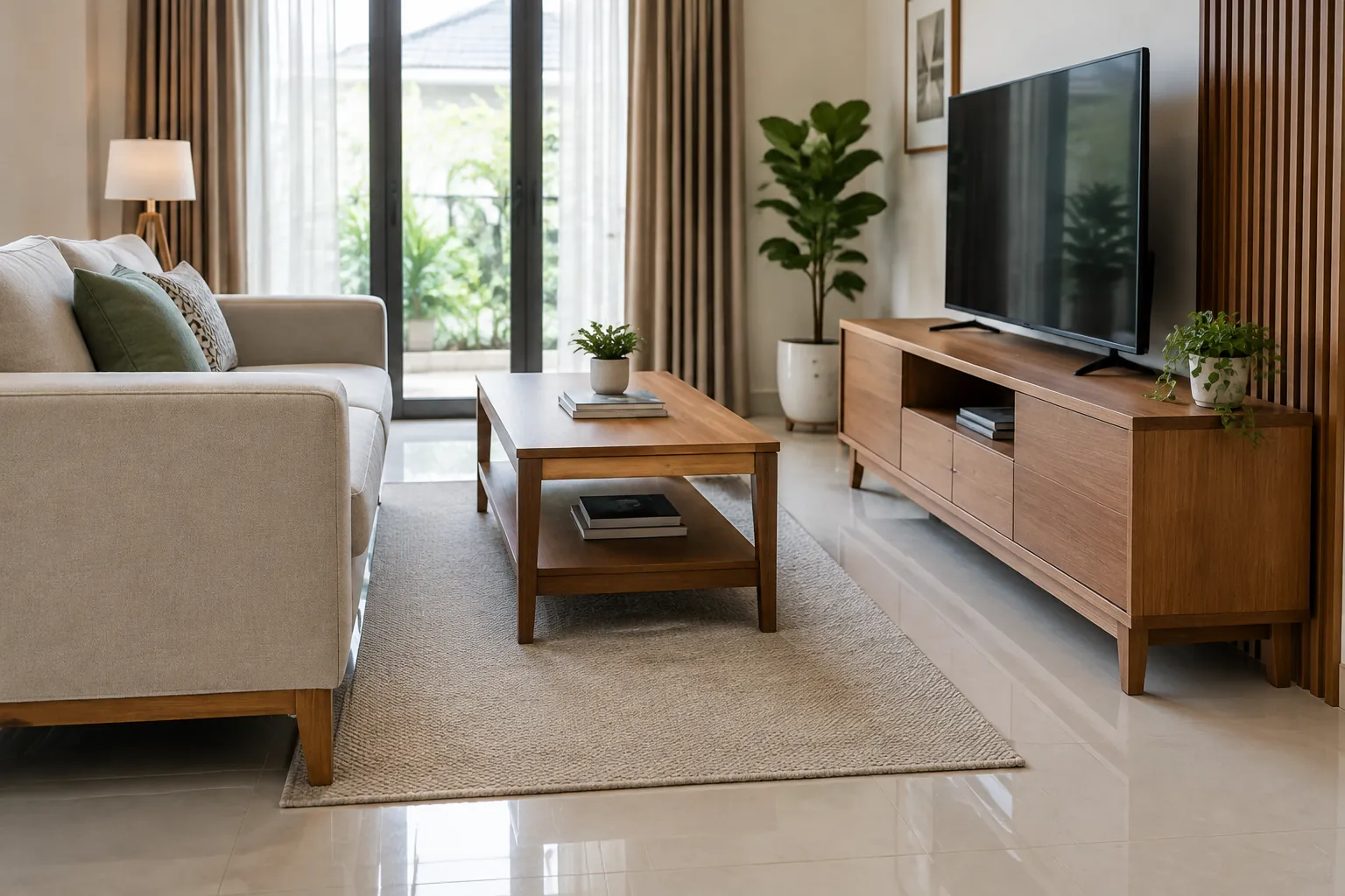 Ruang keluarga dengan sofa dan meja kecil dekat jendela