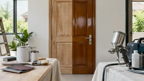 Pintu kayu sedang disiapkan untuk finishing
