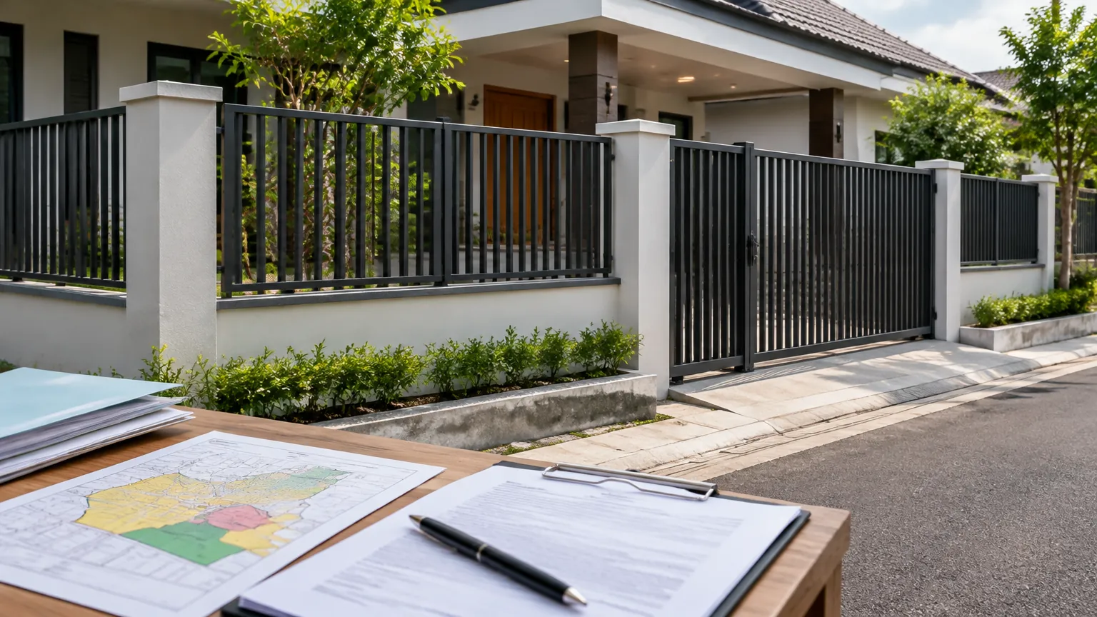 Pagar depan rumah dengan berkas rencana di meja dekatnya