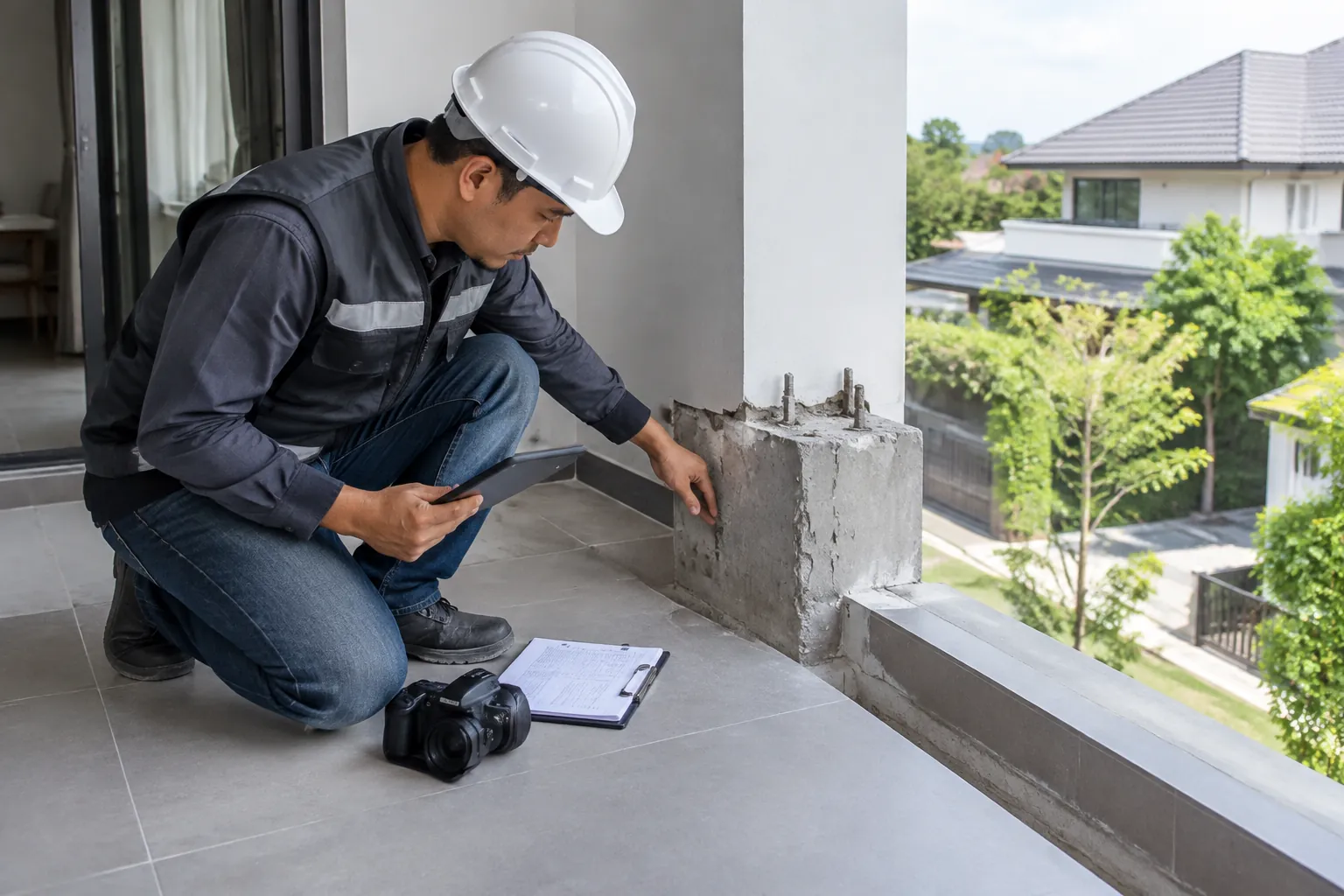 Pekerja memeriksa permukaan dasar calon dudukan pagar balkon yang masih terbuka