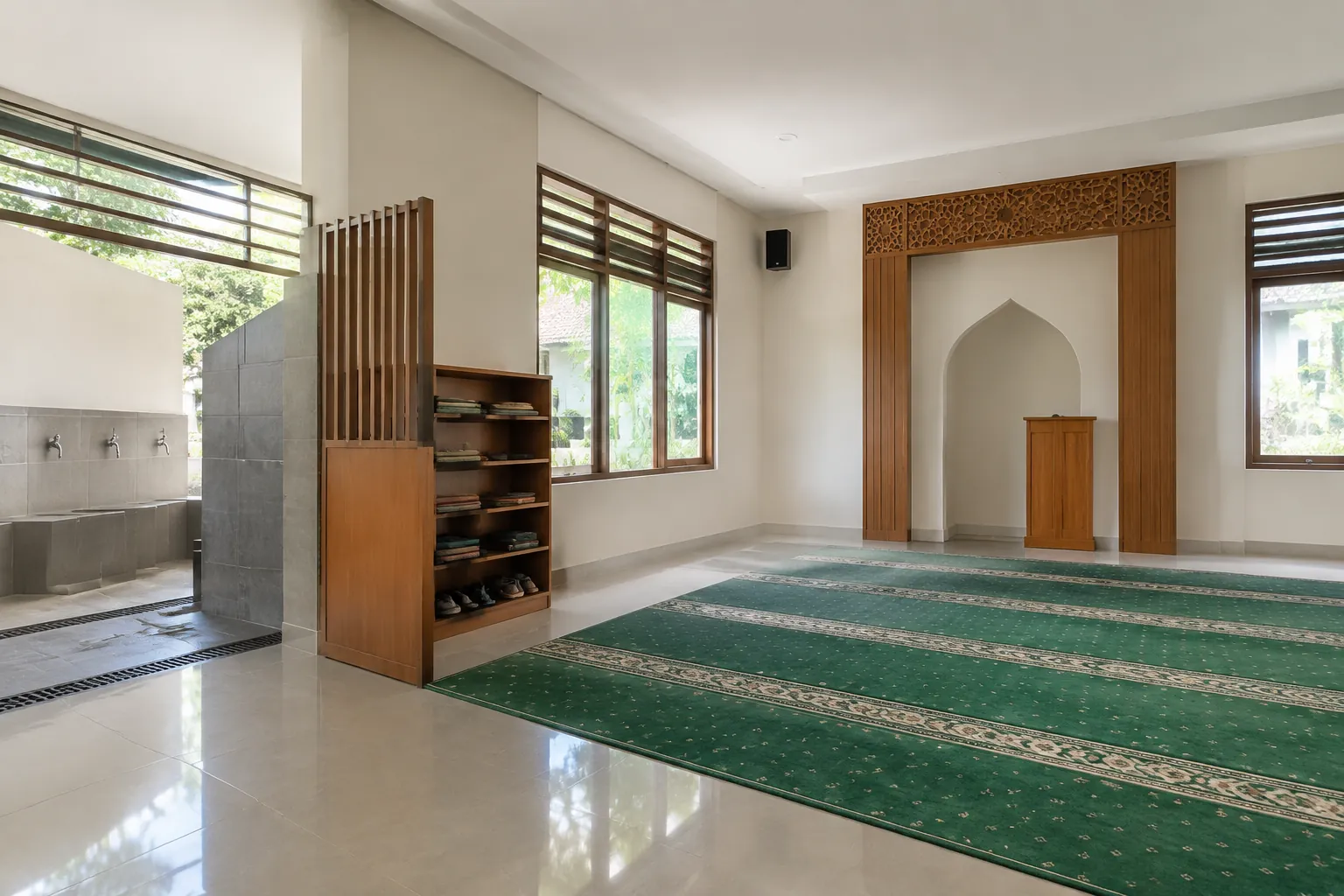 Bukaan area wudu, jendela, dan kisi atas mengelilingi ruang salat
