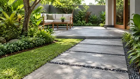 Jalur batu lebar pada taman dengan rumput di sisinya