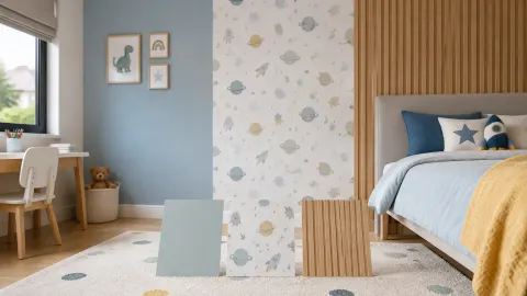 Kamar anak dengan wallpaper dan panel dinding