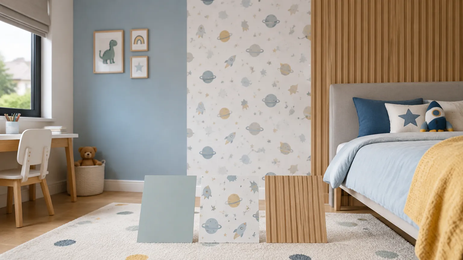 Kamar anak dengan wallpaper dan panel dinding