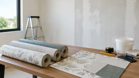 Gulungan wallpaper dan sampel pola di depan dinding yang disiapkan