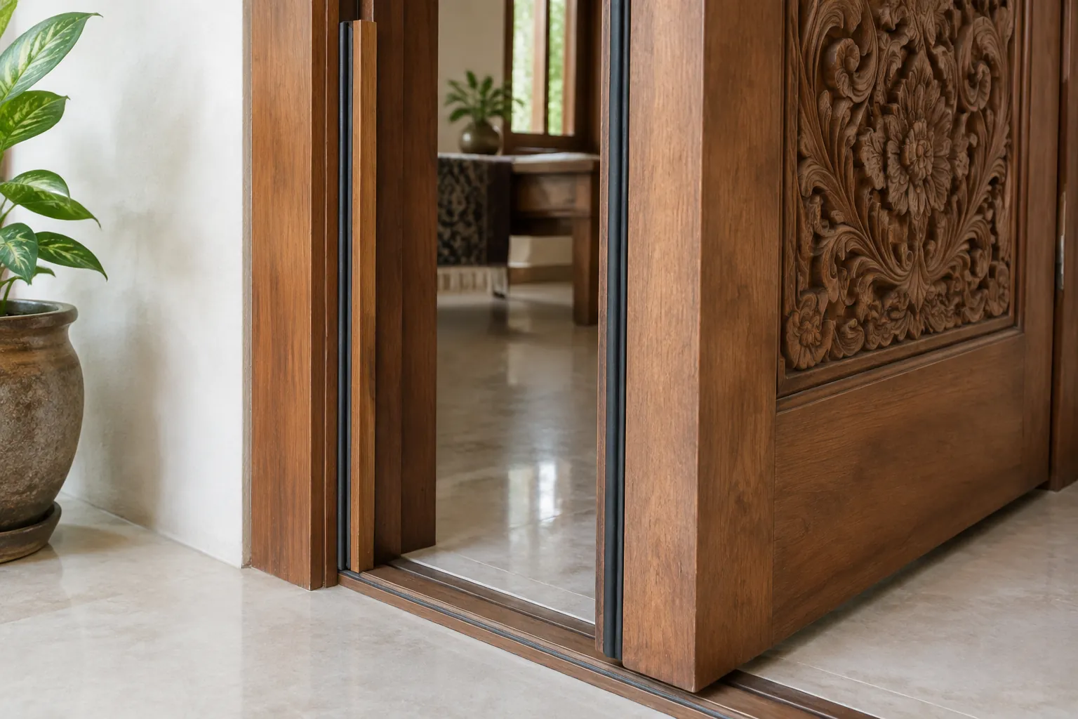 Tepi pintu kayu berukir di dekat kusen