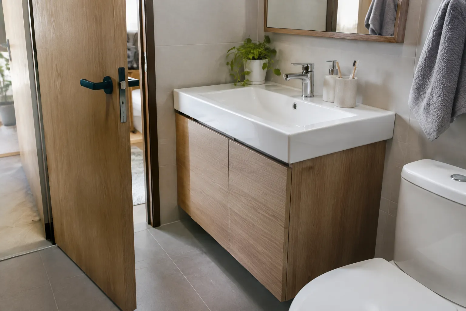 Kabinet wastafel berada dekat pintu dan kloset pada kamar mandi kecil