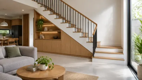 Tangga rumah dengan railing gelap dan kabinet kayu di bawahnya
